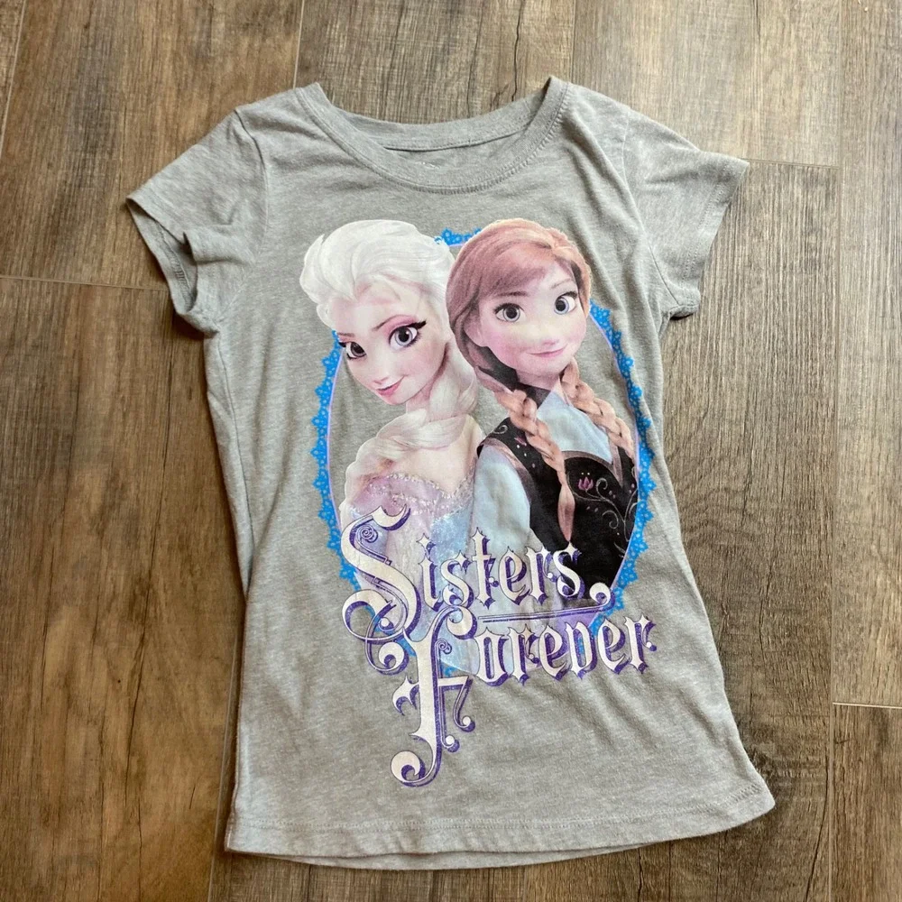 Disney Frozen Elsa Anna Graphic T-Shirt Bundle Pink‎ Gray Girls Size M 7-8 2PK